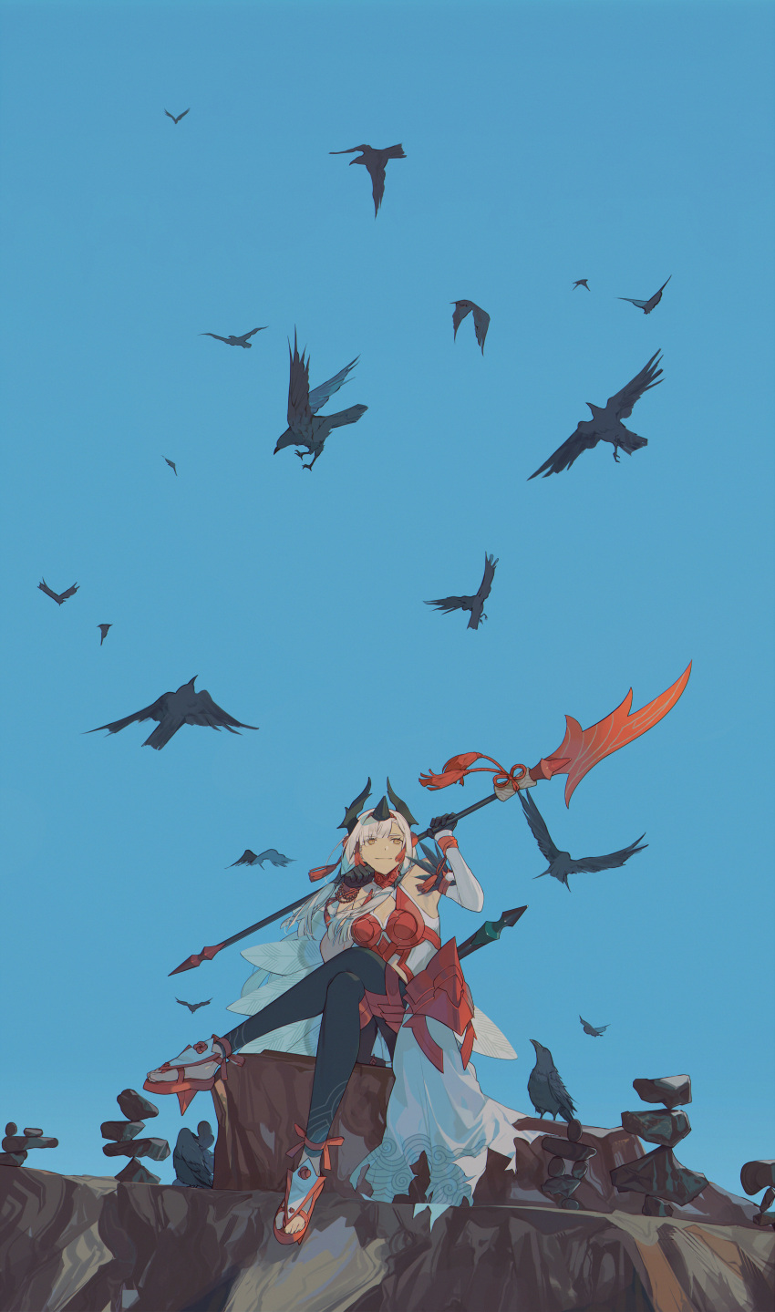 1girl, absurdres, armor, armored_dress, bird, black_bird, black_gloves, black_leggings