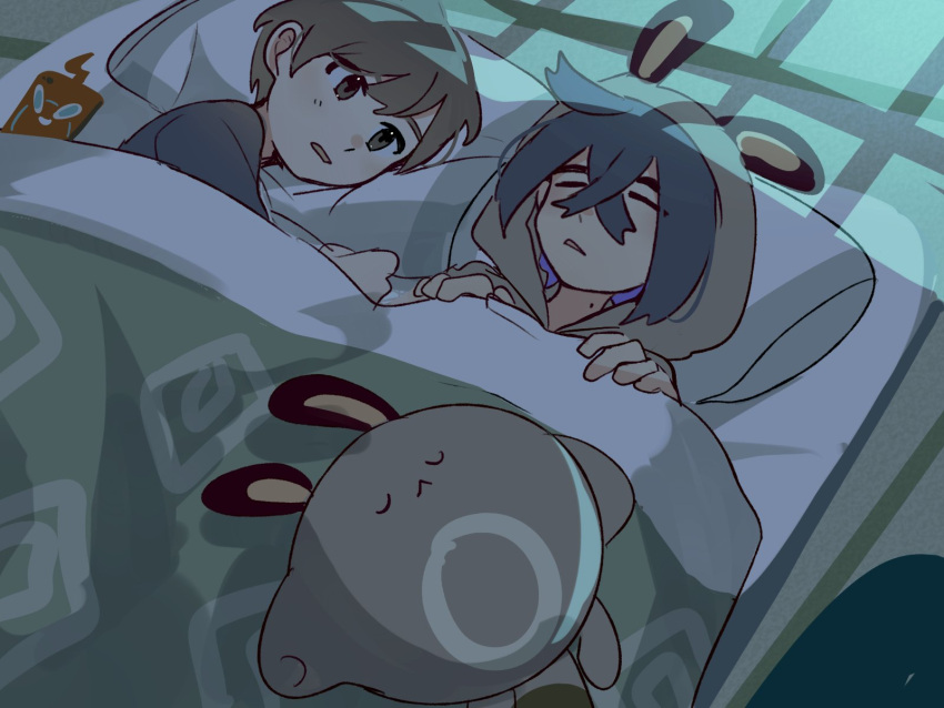2boys, black_hair, brown_eyes, brown_hair, closed_eyes, crossed_bangs, florian_(pokemon), futon, hair_between_eyes, hands_up, highres, indoors, kieran_(pokemon), looking_at_viewer, lying, male_focus, multiple_boys, on_back, on_side, pillow, pokemon, pokemon_(creature), pokemon_sv, rotom, rotom_phone, sentret, shirt, short_hair, sleeping, suikaels, under_covers