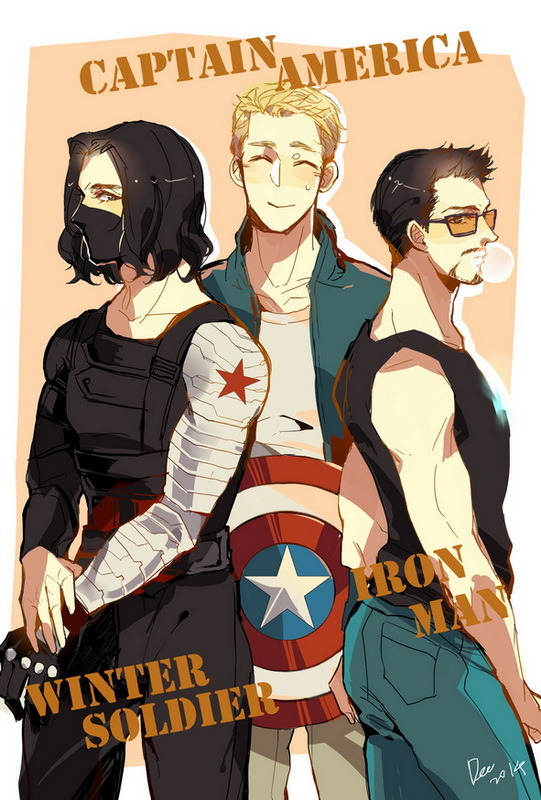 3boys, animification, arc_reactor, bare_shoulders, belt, black_belt, black_bodysuit, black_gloves