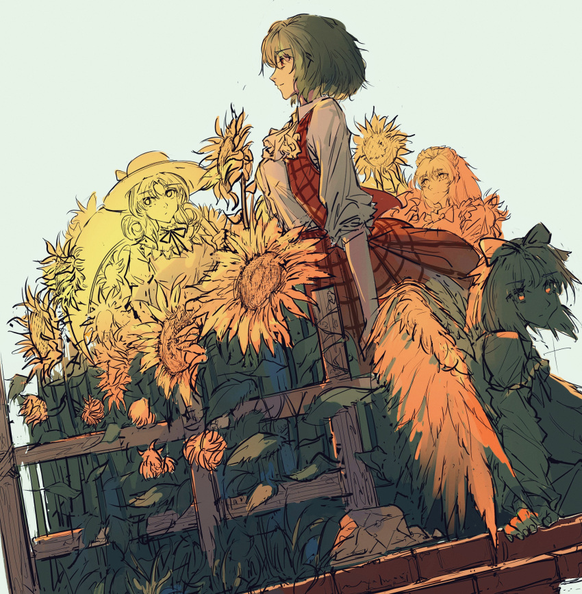 4girls, ascot, bow, elly_(touhou), fence, flower, gengetsu_(touhou), green_hair