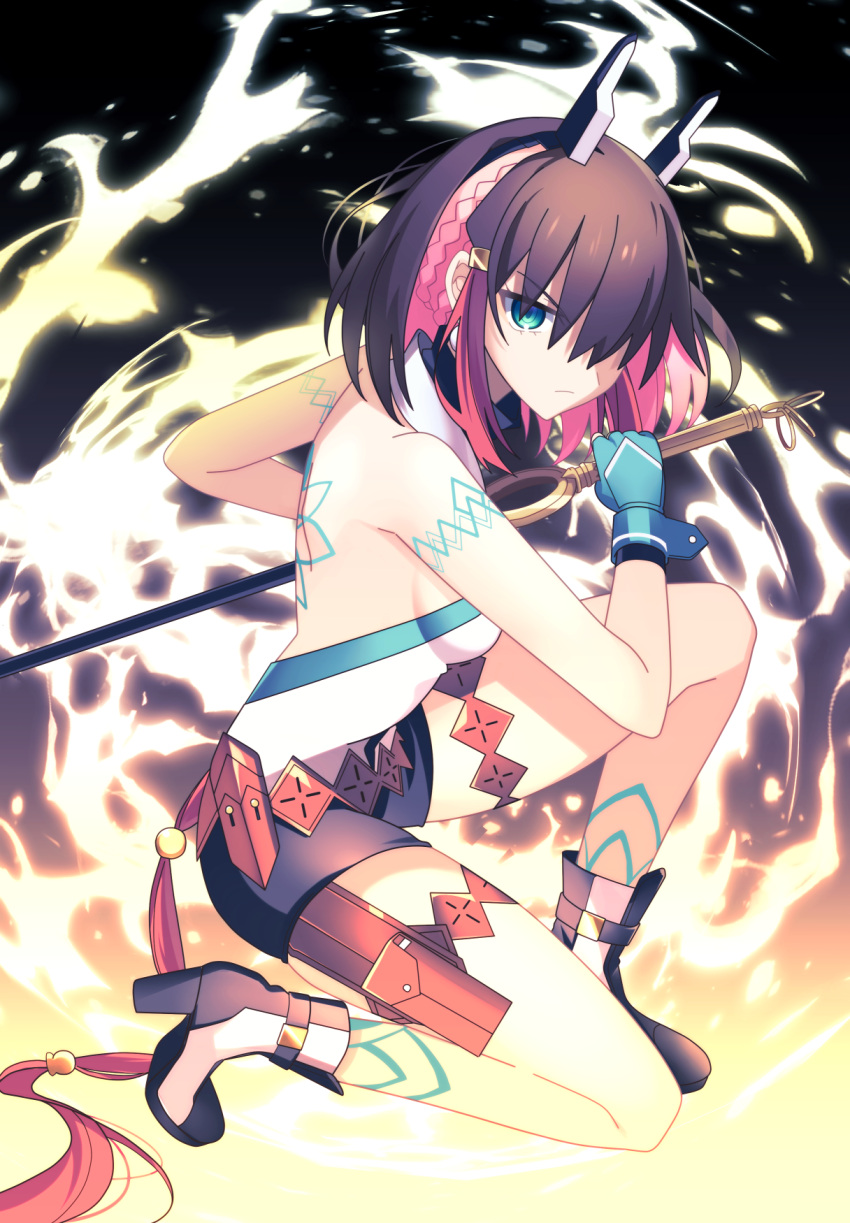 1girl, azure_striker_gunvolt, azure_striker_gunvolt_3, bare_back, bare_shoulders, black_shorts, blue_eyes, body_markings