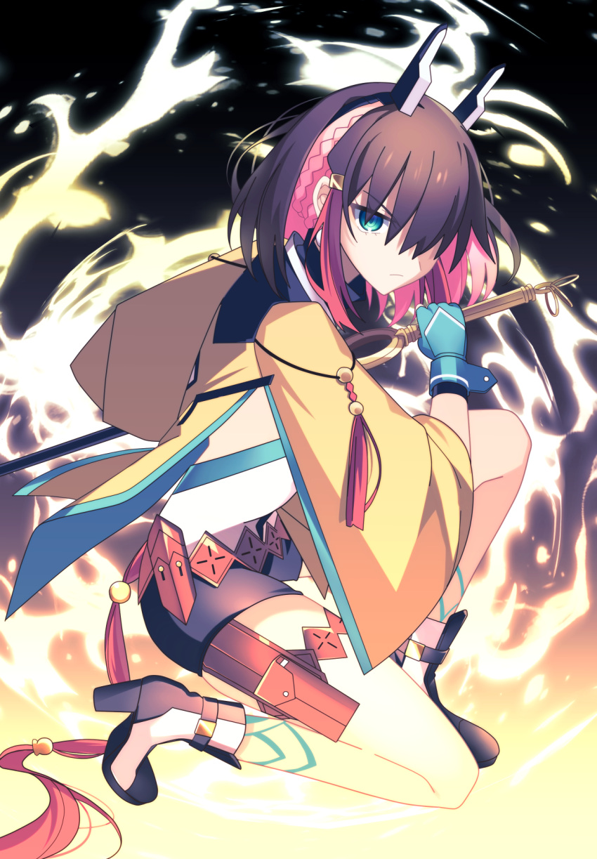 1girl, azure_striker_gunvolt, azure_striker_gunvolt_3, black_shorts, blue_eyes, body_markings, brown_hair, earrings