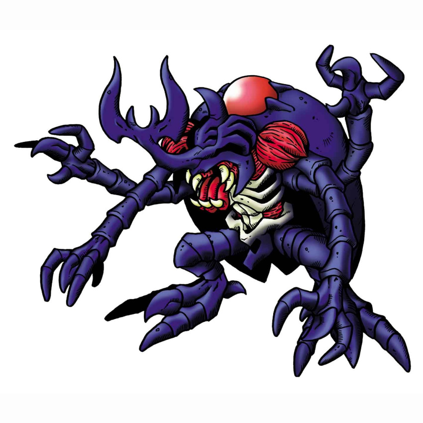 atlurkabuterimon, atlurkabuterimon_(blue), bug, digimon, digimon_(creature), exoskeleton, highres, horns, no_eyes, official_art, rhinoceros_beetle, sharp_teeth, simple_background, teeth, white_background
