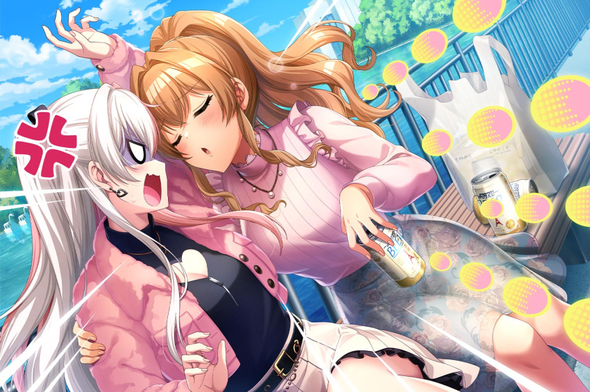 blush, brown_hair, closed_eyes, d4dj, dress, kase_mana, long_hair, official_art