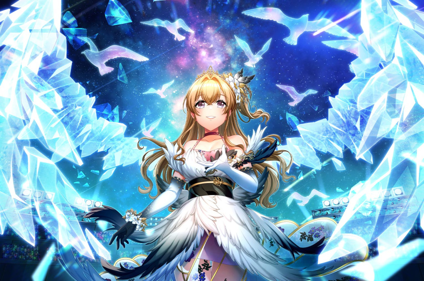 blush, brown_eyes, brown_hair, d4dj, dress, kase_mana, long_hair, official_art