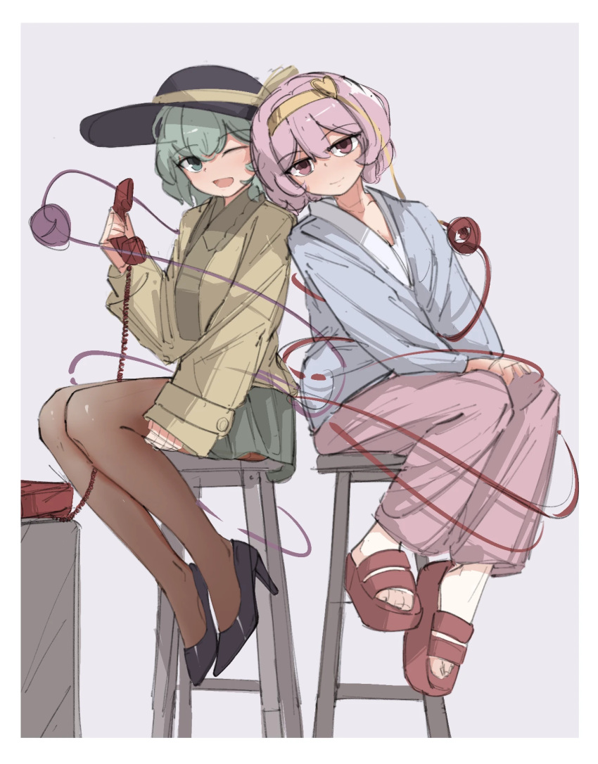 2girls, ;d, black_footwear, black_headwear, black_pantyhose, blue_jacket, bow, chinese_commentary