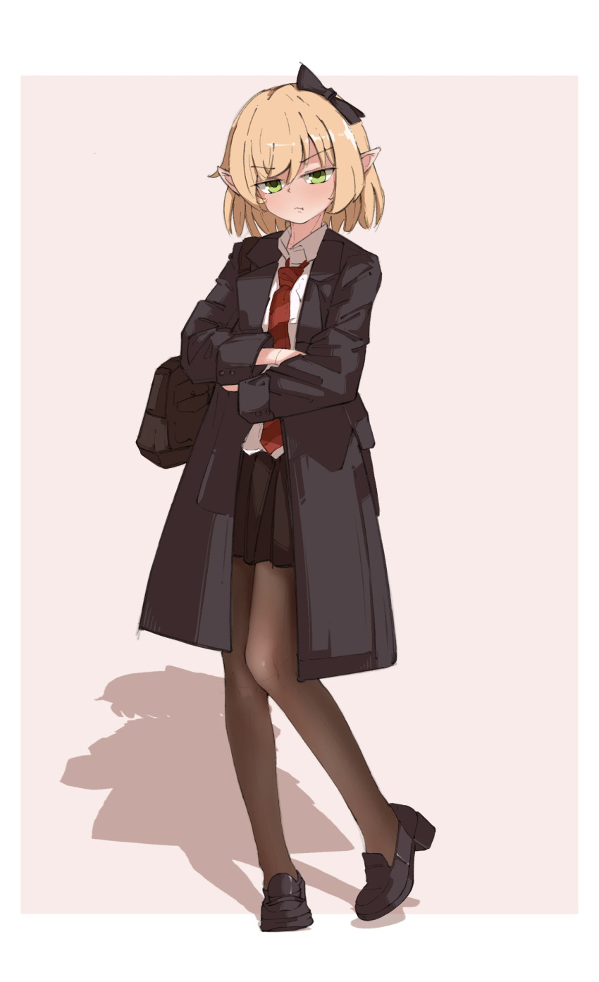 1girl, :t, alternate_costume, bag, black_bag, black_bow, black_coat, black_footwear