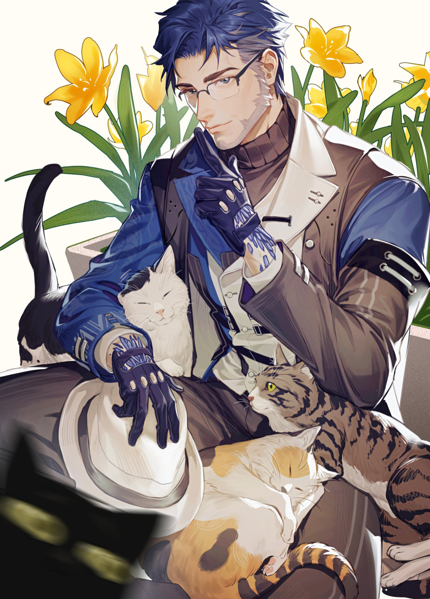 1boy, absurdres, anderain, animal_ears, animal_on_lap, beard, black_cat, blue_eyes