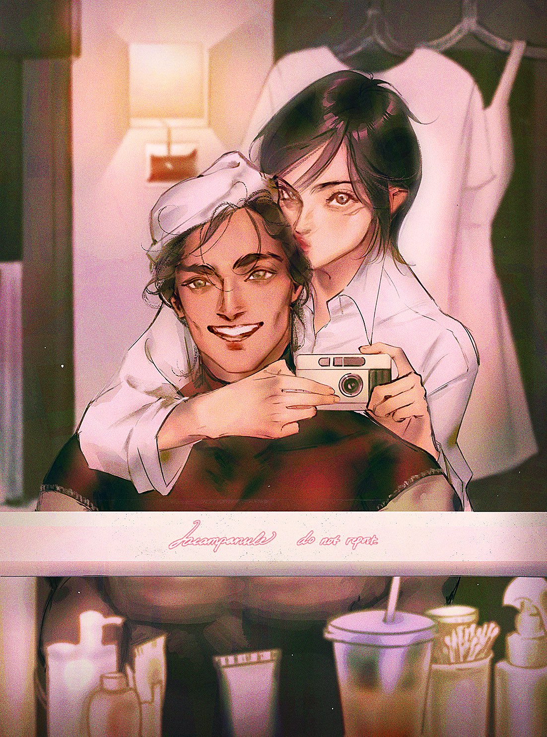 1boy, 1girl, arm_around_neck, artist_name, bathroom, black_hair, brown_eyes, camera