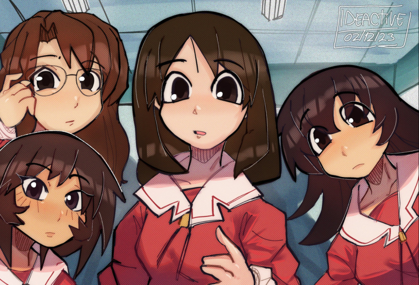 4girls, artist_name, azumanga_daioh, azumanga_daioh's_school_uniform, brown_eyes, brown_hair, ideac, ideactive