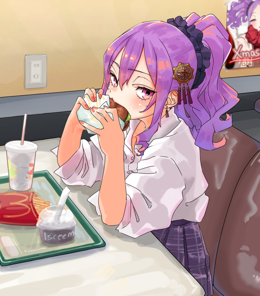 1girl, breasts, burger, collared_shirt, cup, dress_shirt, earrings, eating
