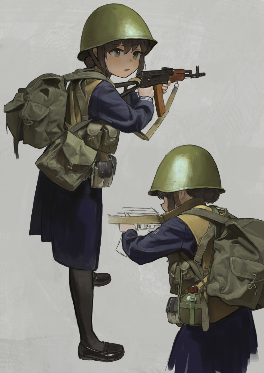 1girl, absurdres, ak-74, aks-74, assault_rifle, backpack, bag, black_footwear