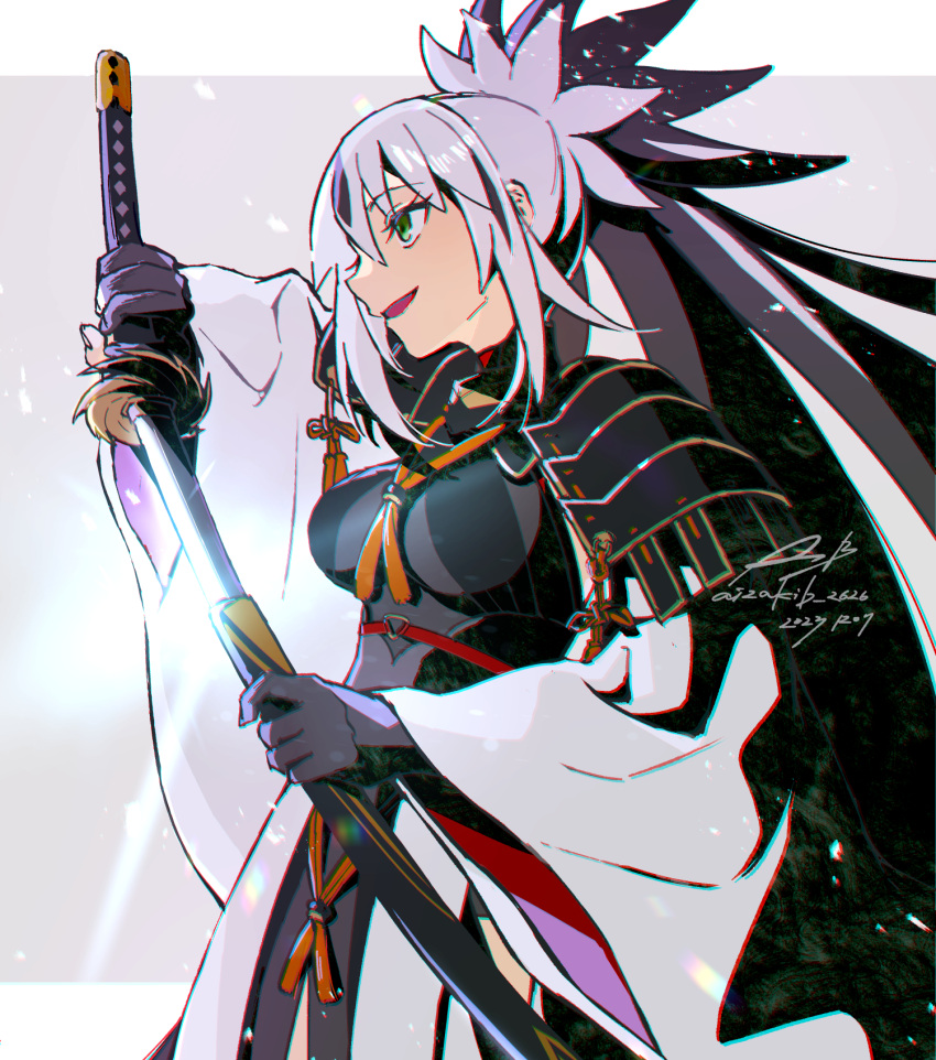 1girl, aizaki_b, black_hair, breasts, dated, drawing_sword, fate/grand_order, fate_(series)