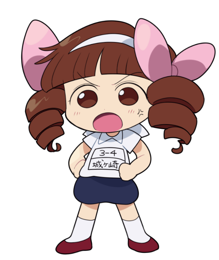 1girl, anger_vein, angry, bloomers, blunt_bangs, bow, brown_eyes, brown_hair