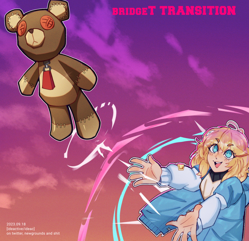 1girl, absurdres, album_cover, album_cover_redraw, blonde_hair, blue_eyes, bridget, bridget_(guilty_gear), colored_skin, cover, derivative_work, guilty_gear, guilty_gear_strive, highres, ideac, looking_up, parody, stuffed_animal, stuffed_toy, teddy_bear, white_skin