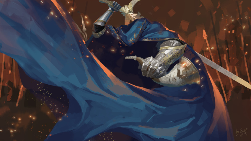 1boy, a_knight_(reverse:1999), armor, artist_name, blue_cape, cape, character_name, chinese_commentary