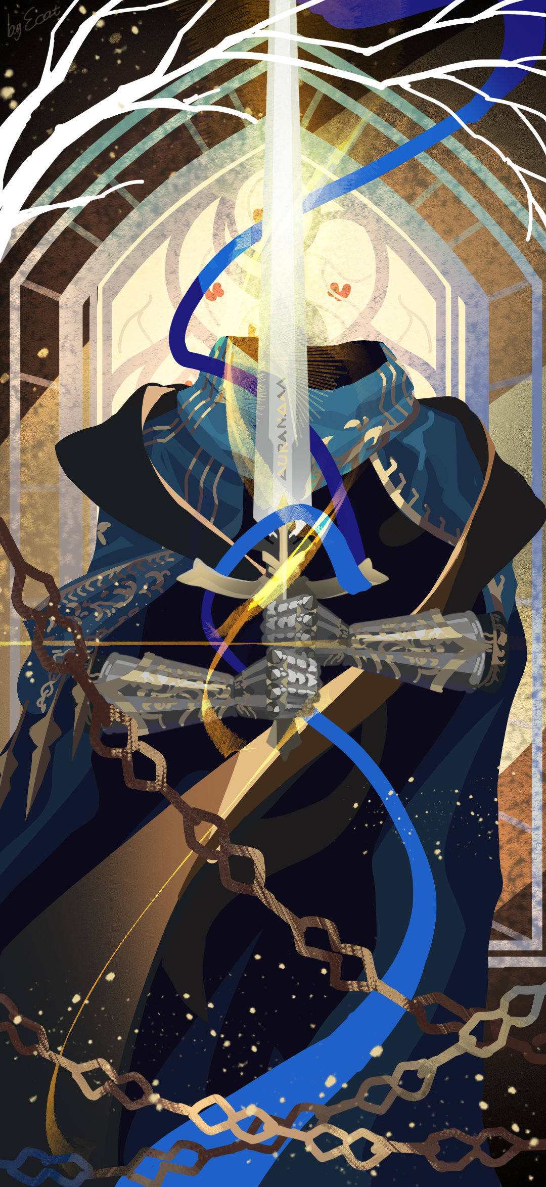 1boy, a_knight_(reverse:1999), armor, artist_name, blue_cape, brown_background, cape, chain