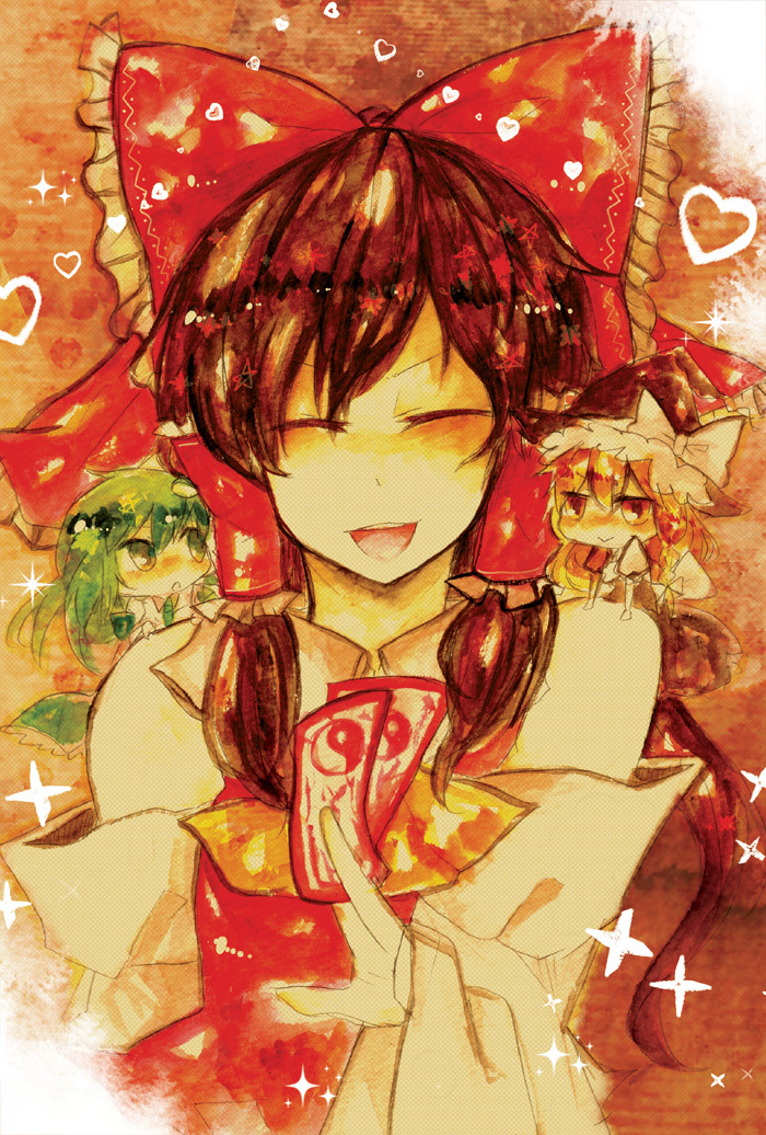 hakurei_reimu, kaio_(watagami), kirisame_marisa, kochiya_sanae, minigirl, multiple_girls, smile, touhou