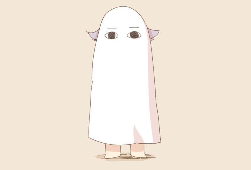 <o>_<o>, 1girl, barefoot, brown_background, cosplay, full_body, grey_hair, hair_flaps