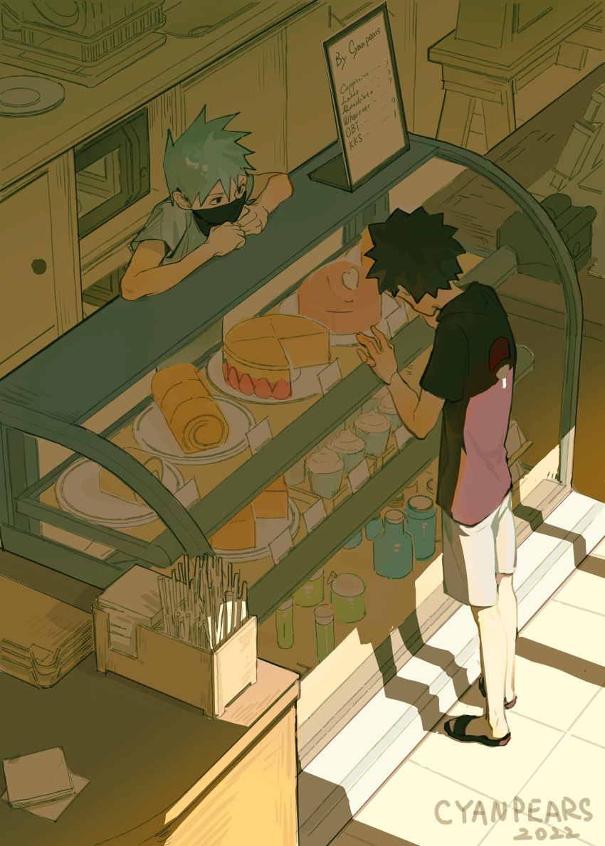 2boys, absurdres, aged_down, bakery, black_eyes, black_hair, black_mask, black_shirt, bottle, cake, counter, cyanpears, drinking_straw, food, full_body, hand_on_glass, hatake_kakashi, highres, indoors, looking_at_another, male_focus, menu_board, multiple_boys, napkin, naruto, naruto_(series), pastry, plate, sandals, shirt, shop, short_hair, shorts, spiky_hair, sunlight, uchiha_obito, white_hair, white_shorts