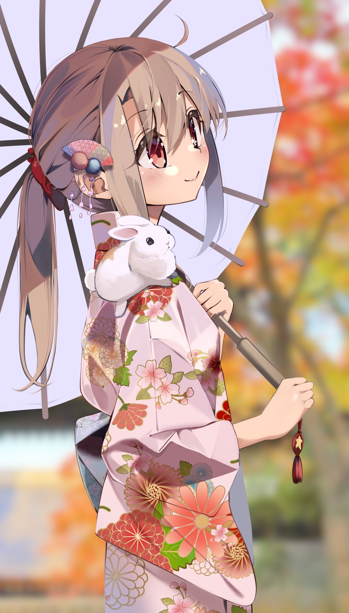 1girl, blurry, blurry_background, blush, breasts, fate/kaleid_liner_prisma_illya, fate_(series), floral_print
