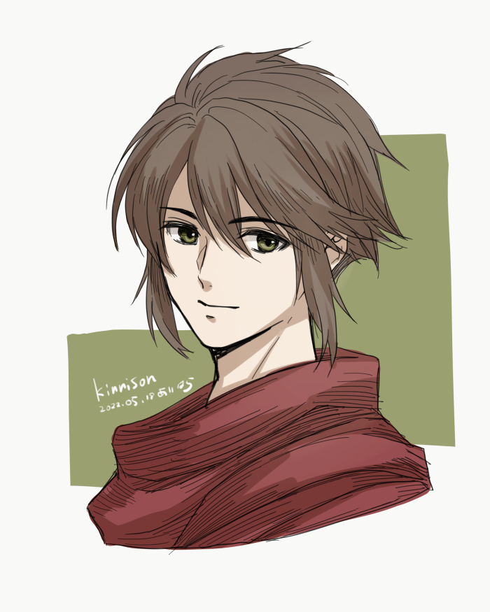 1boy, brown_eyes, brown_hair, character_name, commentary_request, cropped_shoulders, dated, gensou_suikoden, gensou_suikoden_ii, green_background, hiryuu_(kana_h), kinnison_(suikoden), light_smile, looking_to_the_side, male_focus, red_scarf, scarf, sidelocks, signature, smile, solo, upper_body