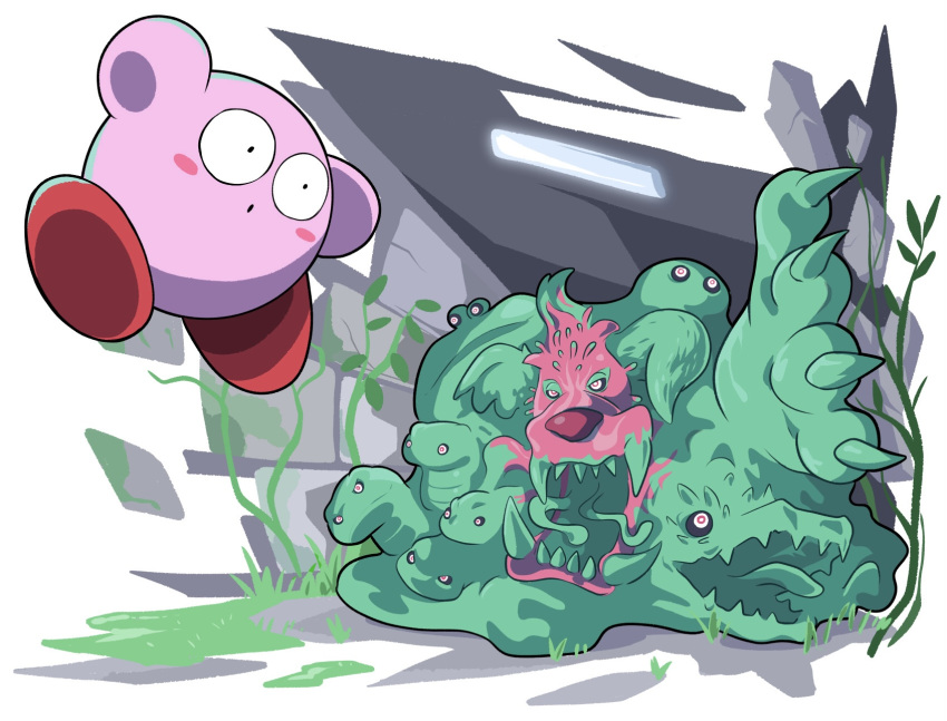 blush_stickers, claws, colored_skin, fangs, fecto_forgo, fecto_forgo_(monster), grass, highres, kirby, kirby_(series), kirby_and_the_forgotten_land, monster, multiple_heads, no_humans, o_o, open_mouth, pink_skin, poyo_party, tongue