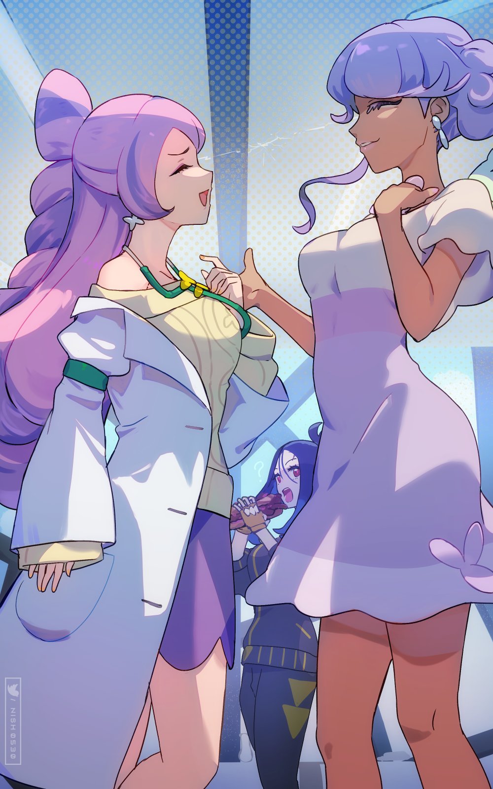 3girls, asymmetrical_hair, black_hair, black_jacket, breasts, coat, cross_scar, dark-skinned_female, dark_skin, dendra_(pokemon), dress, earrings, eyelashes, false_smile, fingerless_gloves, flower_earrings, gloves, highres, hsin, jacket, jewelry, lab_coat, large_breasts, long_hair, long_sleeves, miriam_(pokemon), multicolored_hair, multiple_girls, off-shoulder_sweater, off_shoulder, open_clothes, open_coat, open_mouth, pink_dress, pink_hair, pokemon, pokemon_sv, purple_hair, scar, scar_on_face, scar_on_forehead, smile, streaked_hair, sweater, swept_bangs, tulip_(pokemon), yellow_gloves