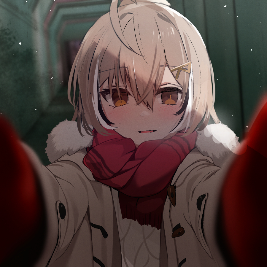 1girl, ahoge, brown_eyes, brown_hair, clothes_only, coat, colored_tips, crossed_bangs