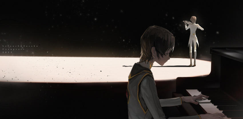 2boys, absurdres, back, black_background, black_footwear, black_hair, brown_hair, closed_mouth