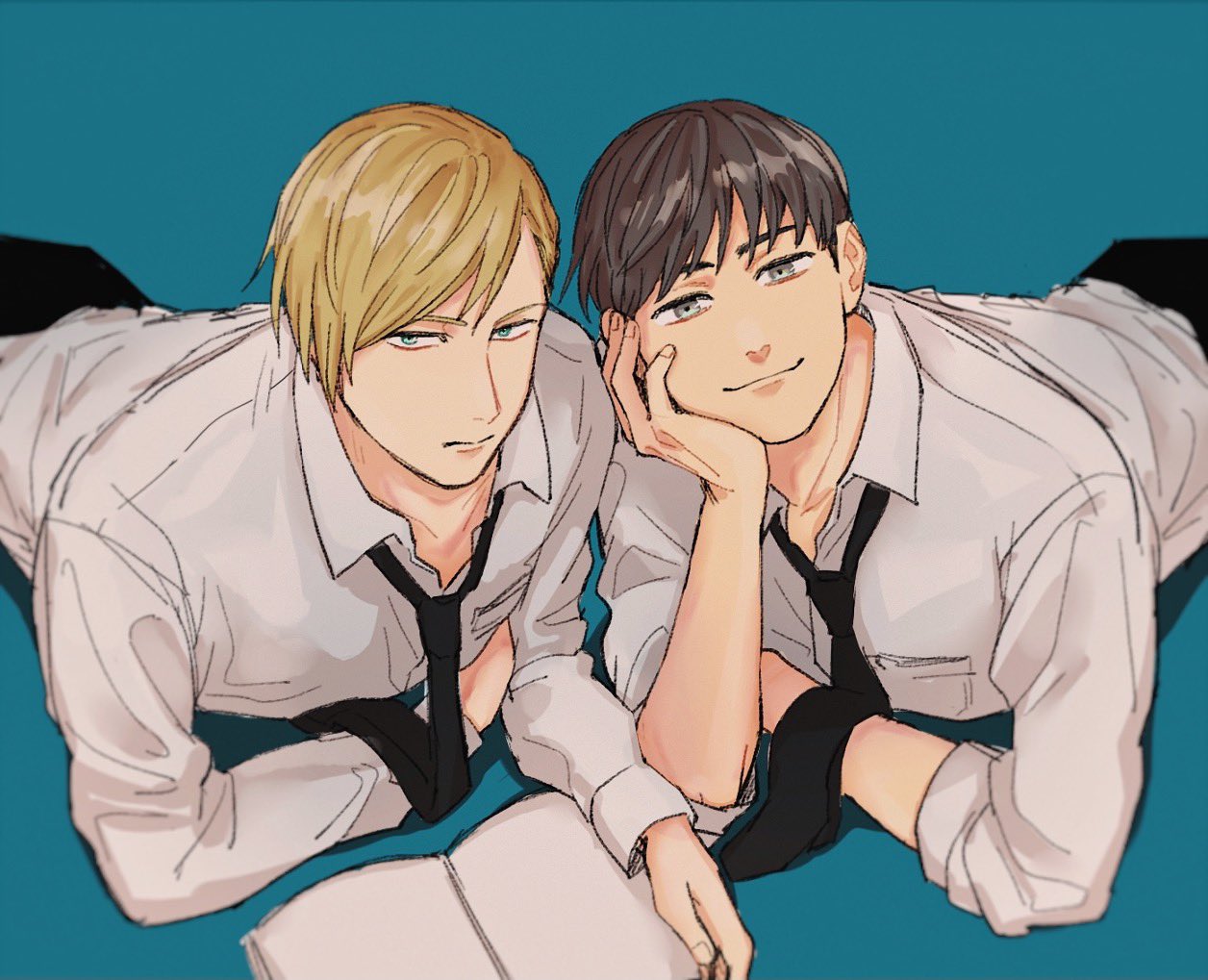 2boys, aged_down, black_necktie, black_pants, blonde_hair, blue_background, bob_cut, book, brown_hair, closed_mouth, collared_shirt, green_eyes, grey_eyes, haibara_yu, hand_on_own_face, holding, holding_book, jujutsu_kaisen, long_sleeves, looking_at_viewer, lying, male_focus, mcm3b3, multiple_boys, nanami_kento, necktie, on_stomach, pants, shirt, short_hair, simple_background, smile, white_shirt