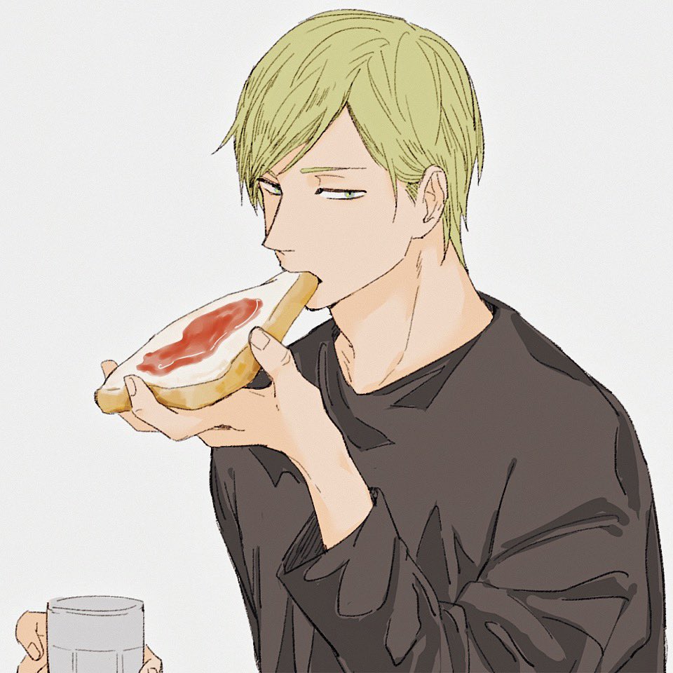 1boy, aged_down, black_shirt, blonde_hair, bob_cut, bread, bread_slice, cup, food, food_in_mouth, green_eyes, grey_background, holding, holding_cup, holding_food, jujutsu_kaisen, long_sleeves, looking_at_viewer, male_focus, mcm3b3, mouth_hold, nanami_kento, shirt, simple_background, solo, toast, toast_in_mouth, upper_body