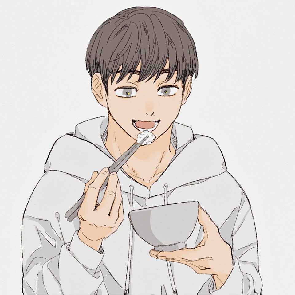 1boy, bob_cut, bowl, brown_hair, chopsticks, eating, grey_background, grey_eyes
