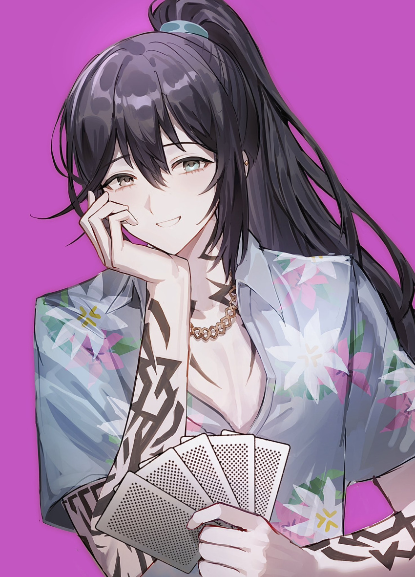 1boy, arm_tattoo, black_hair, blue_shirt, bonno_sasu, card, floral_print, grin