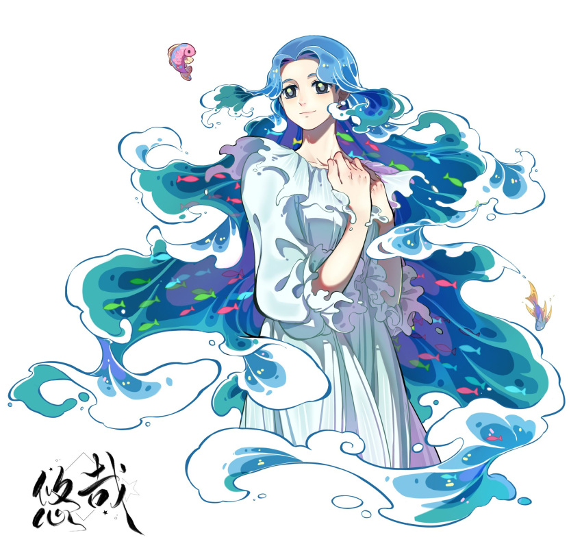 1girl, black_eyes, blue_hair, character_request, closed_mouth, dress, feiren_zai, fish