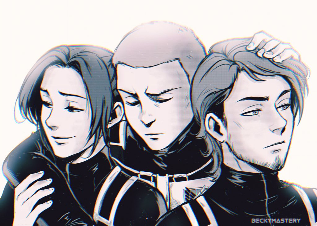 1girl, 2boys, affectionate, arm_around_neck, beard_stubble, beckymastery, buzz_cut, connie_springer, friends, grey_theme, group_hug, group_picture, heads_together, hug, jean_kirchstein, multiple_boys, sad, sasha_braus, shingeki_no_kyojin, short_hair, smirk, upper_body, very_short_hair
