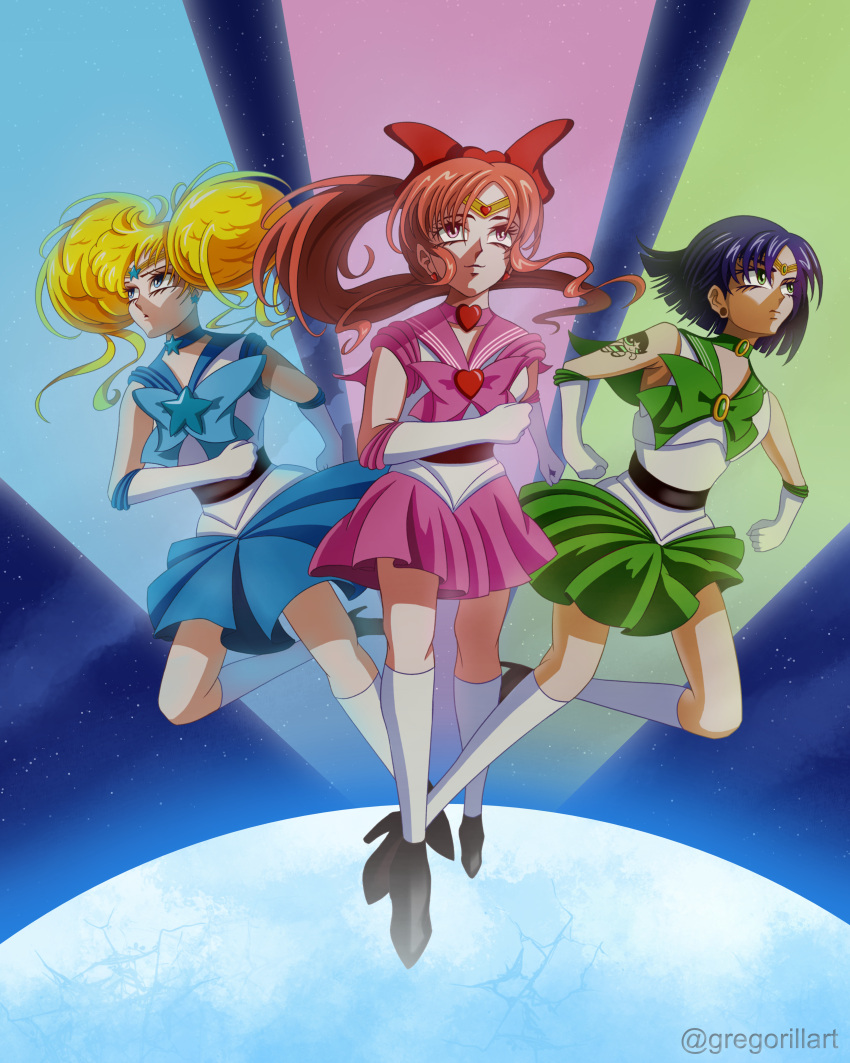 3girls, absurdres, animification, arm_tattoo, bishoujo_senshi_sailor_moon, black_hair, blonde_hair, blossom_(ppg), bubbles_(ppg), buttercup_(ppg), cosplay, crossover, flying, gregorillart, highres, miniskirt, moon, multiple_girls, powerpuff_girls, powerpuff_girls_(style), redhead, sailor_senshi_uniform, skirt, space, tattoo