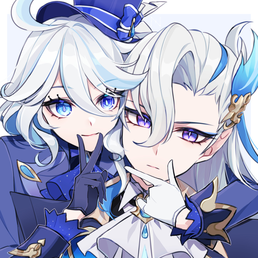 1boy, 1girl, ahoge, ascot, asymmetrical_gloves, blue_ascot, blue_brooch, blue_eyes