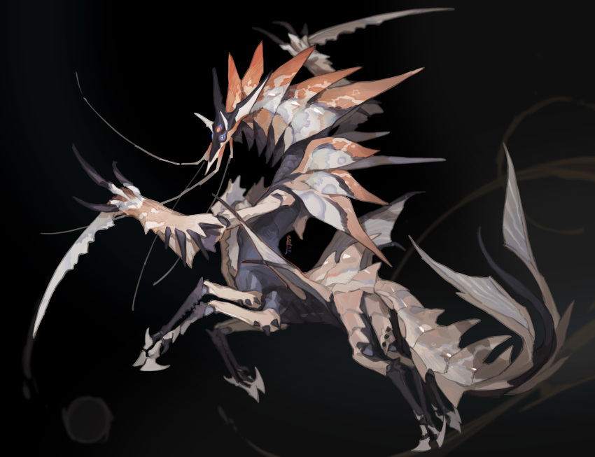 absurdres, animal_focus, arthropod_limbs, artist_name, black_background, blue_eyes, carapace, chinese_commentary