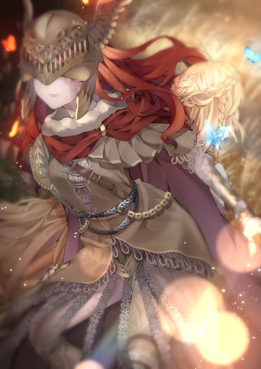 1boy, 1girl, absurdres, blonde_hair, blurry, blurry_background, braid, brown_dress