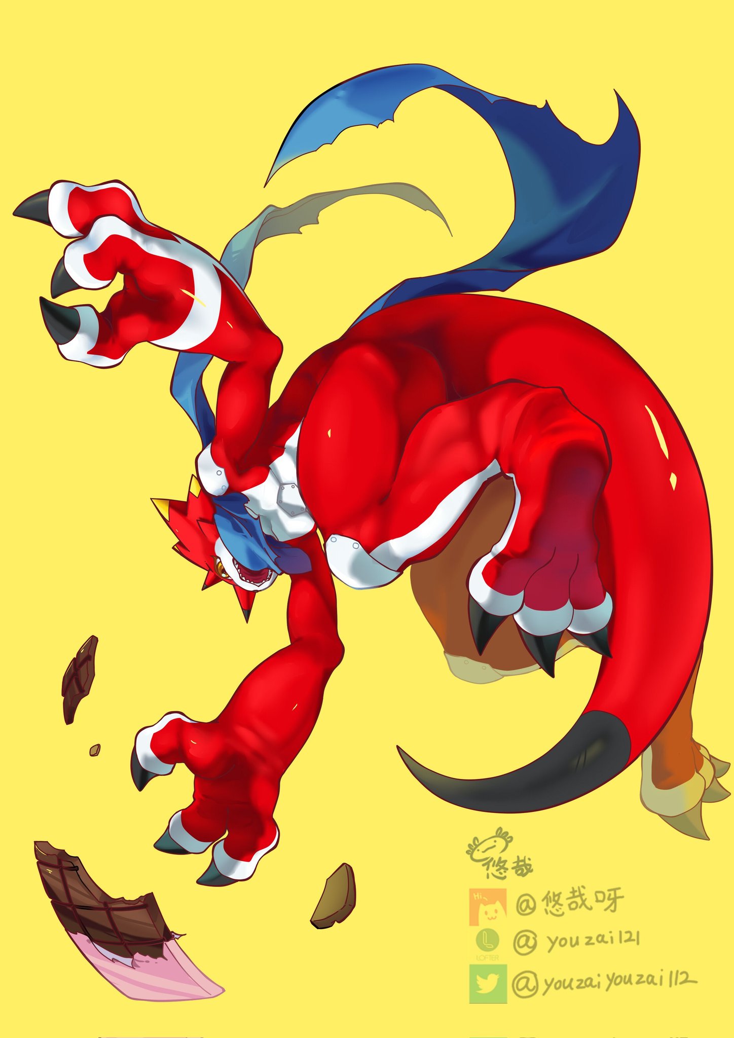 betelgammamon, blue_scarf, candy, chinese_commentary, chocolate, chocolate_bar, claws, colored_skin