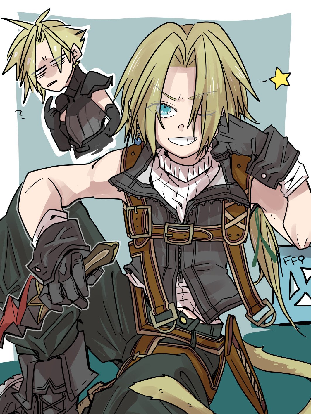 2boys, ?, adapted_costume, black_footwear, black_gloves, black_vest, blonde_hair, blue_eyes
