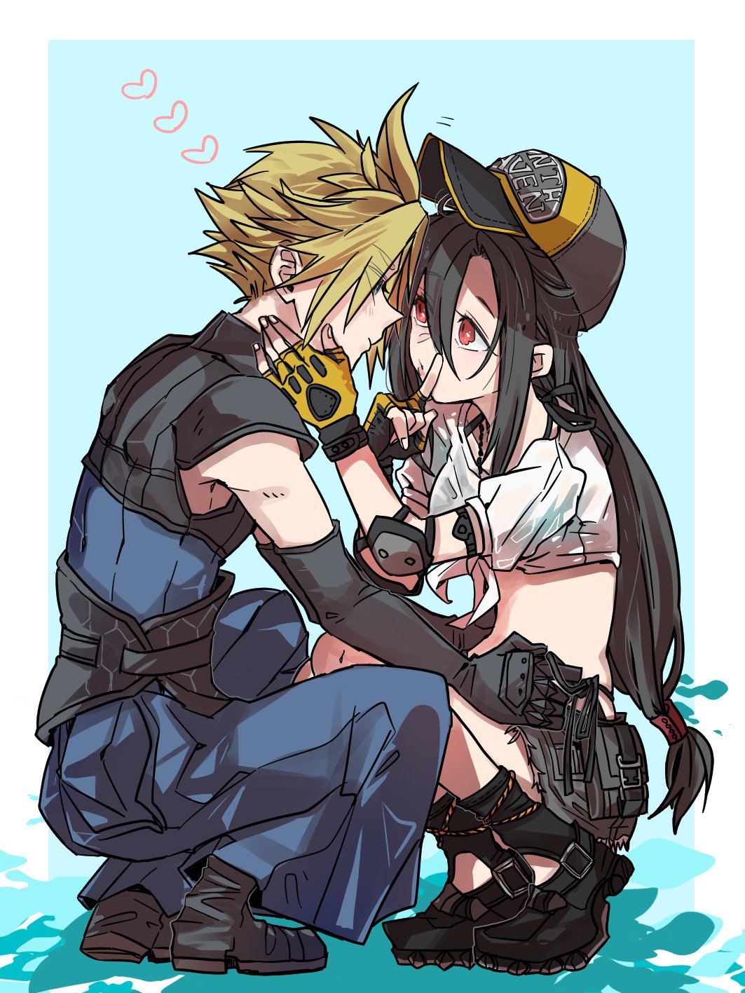 1boy, 1girl, baseball_cap, bikini, black_bikini, black_footwear, black_gloves, black_hair