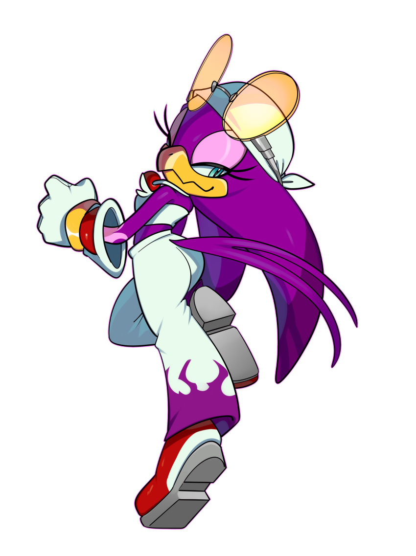 1girl, absurdres, bandana, beak, blue_eyes, crop_top, eyewear_on_head, facing_away, fiinel, flame_print, full_body, furry, furry_female, gloves, highres, looking_back, pants, print_pants, purple_pants, red_footwear, round_eyewear, shirt, shoes, simple_background, sleeveless, solo, sonic_(series), sonic_riders, sonic_riders_(series), two-tone_pants, wave_the_swallow, white_background, white_bandana, white_gloves, white_pants, white_shirt