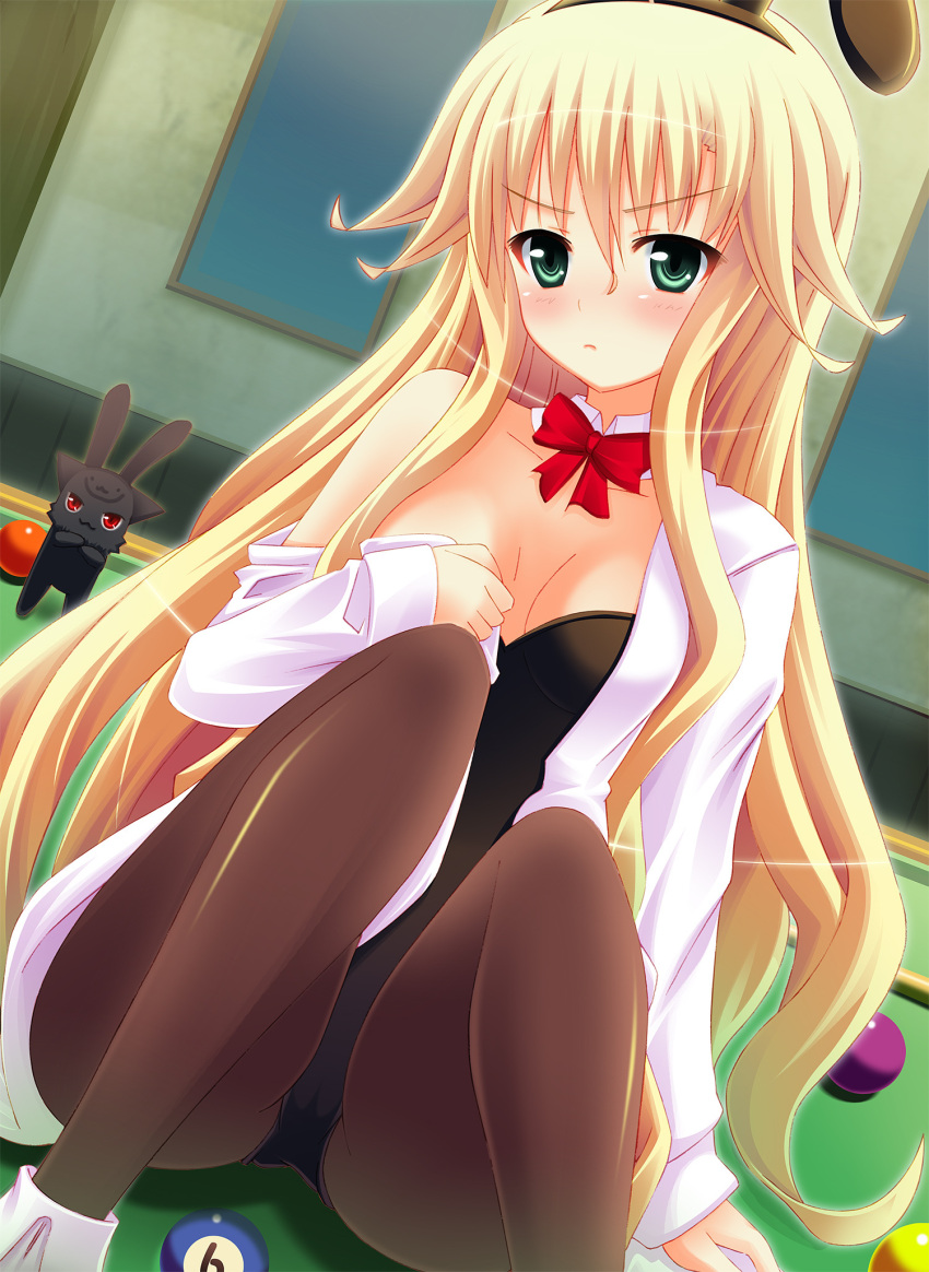 ball, billiards, blonde_hair, bunny, bunny_ears, bunnysuit, dress_shirt, green_eyes