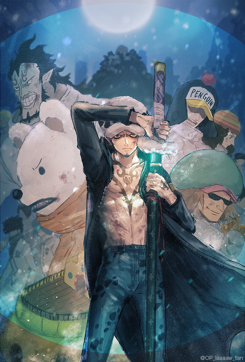 1girl, 6+boys, animal, bad_id, bad_twitter_id, beard, bepo, black_coat, chest_tattoo, coat, commentary, commentary_request, facial_hair, facial_tattoo, goatee, hand_tattoo, hat, holding, holding_sword, holding_weapon, ikkaku_(one_piece), jean_bart_(one_piece), jumpsuit, long_coat, looking_at_viewer, looking_to_the_side, multiple_boys, namagomi_(op_laaaaw_tan), one_piece, orange_jumpsuit, pants, penguin_(one_piece), pointy_ears, sachi, sharp_teeth, ship, smile, sunglasses, sword, tattoo, teeth, torso, trafalgar_law, watercraft, weapon