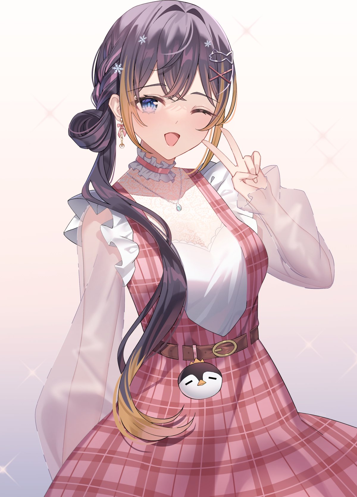 ;d, belt, black_hair, blonde_hair, blue_eyes, brown_belt, brown_hair, commentary