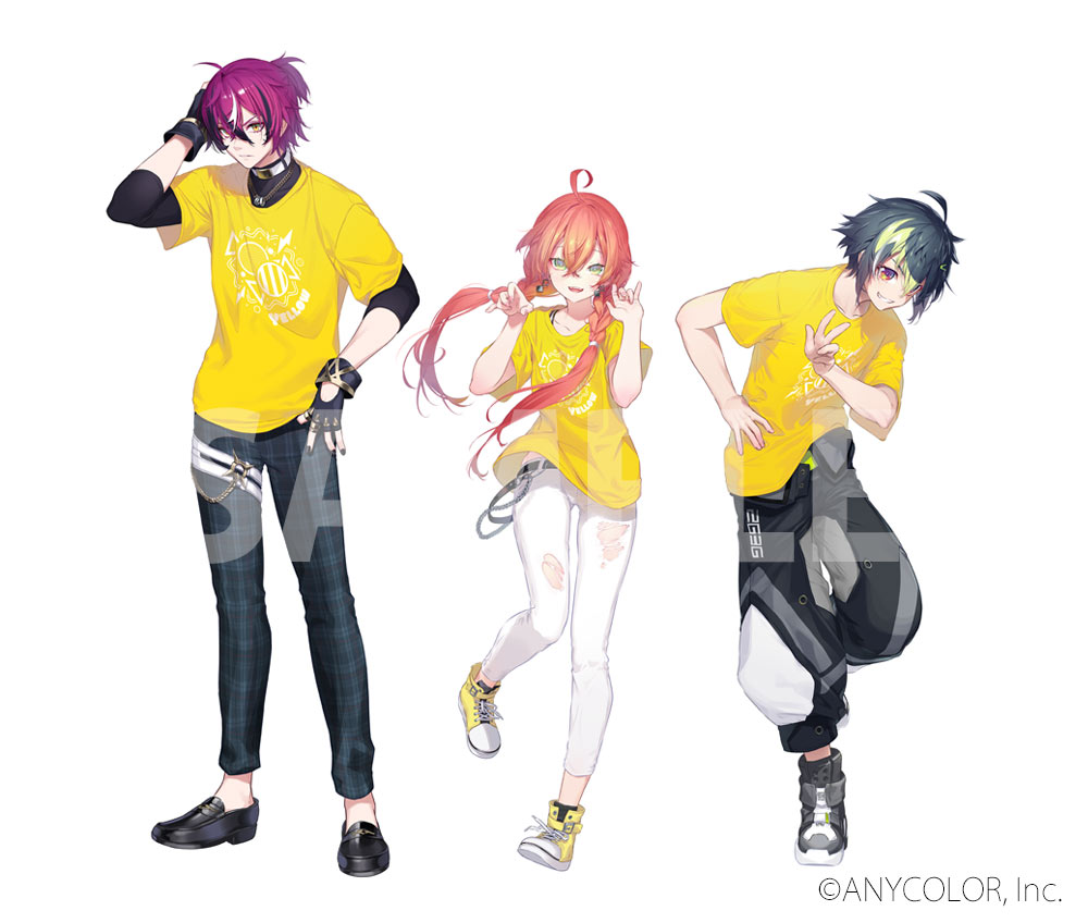 1girl, 2boys, ahoge, black_footwear, black_gloves, black_hair, black_nails, black_pants