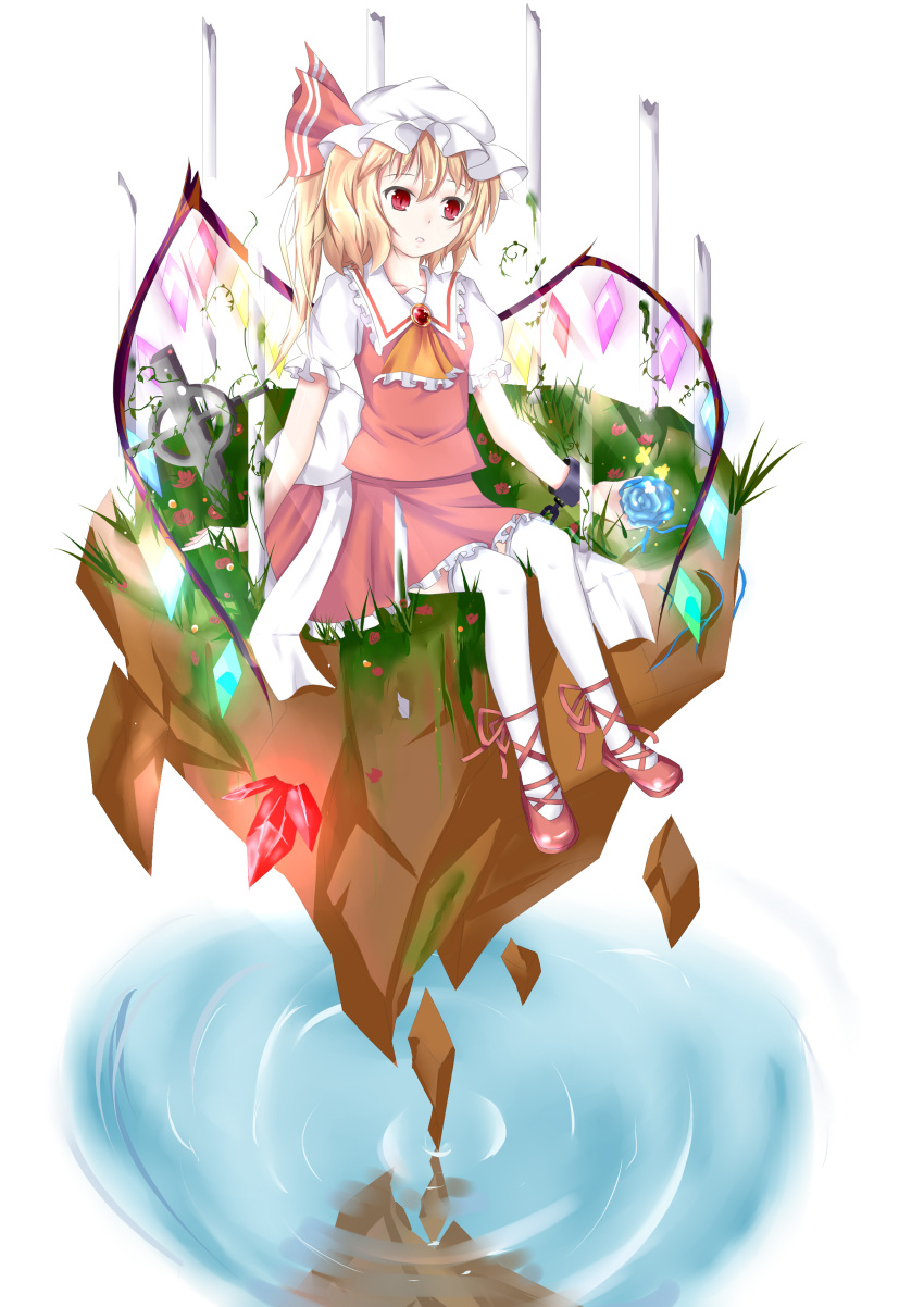 1girl, absurdres, ascot, back_bow, blonde_hair, blue_flower, bow, breasts
