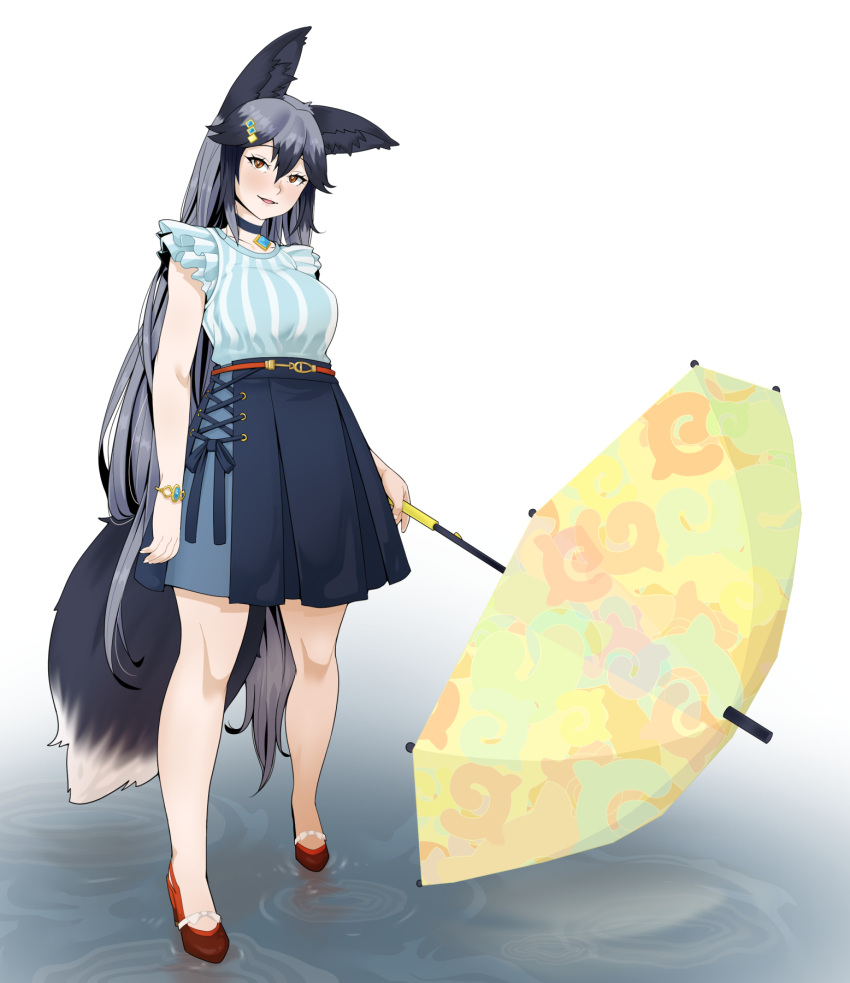 1girl, animal_ears, belt, blue_choker, blue_shirt, blue_skirt, blush, bracelet, casual, choker, emil_(fafa), fox_ears, fox_girl, fox_tail, frilled_sleeves, frills, grey_hair, hair_between_eyes, hair_ornament, hairclip, high_heels, highres, japari_symbol, jewelry, kemono_friends, kemono_friends_3, long_hair, multicolored_hair, official_alternate_costume, orange_eyes, pleated_skirt, red_belt, red_footwear, shirt, sidelocks, silver_fox_(kemono_friends), skirt, solo, striped, striped_shirt, tail, umbrella, vertical-striped_shirt, vertical_stripes, water